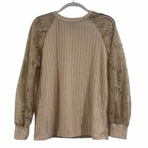 Women’s Cream Tan Sweater with Sheer Embroidered Floral Details on Sleeve Large